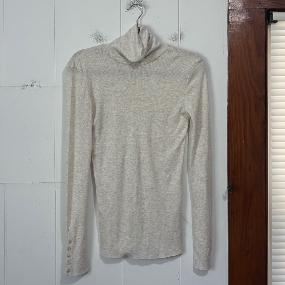 Caslon Womens Oatmeal Heather Ribbed Turtleneck Long Sleeve Button Cuff Top M